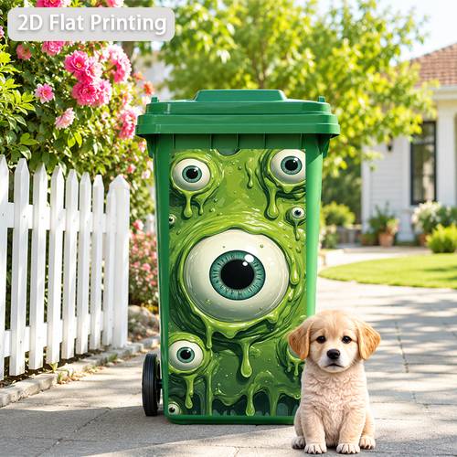 item picture 2d flat printing 1pc trash can sticker 37 82cm green slime with multi eyes themed design self wall decal wallpaper for kitchen trash can decoration suitable for trash cans decor 2d flat