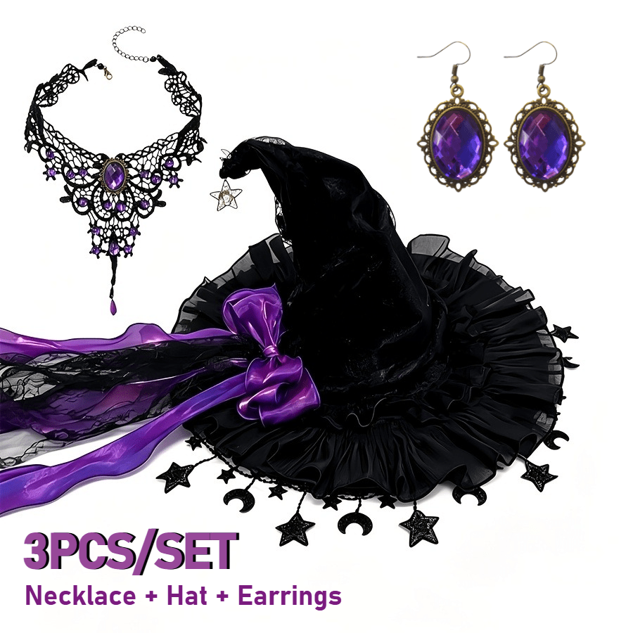 TEMU 3pcs/set Gothic Witch Costume Kit: Star Wizard Hat, 1 Pendant Necklace And 1 Pair Earrings, Long Satin Lace Ribbon Bow Decor Headwear, Women
