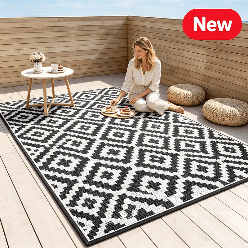 Image of Portable Reversible Outdoor Area Rug, Water Rinsable Pp Patio Mat With Stakes And Storage Bag For Backyard, Deck, Rv Use
