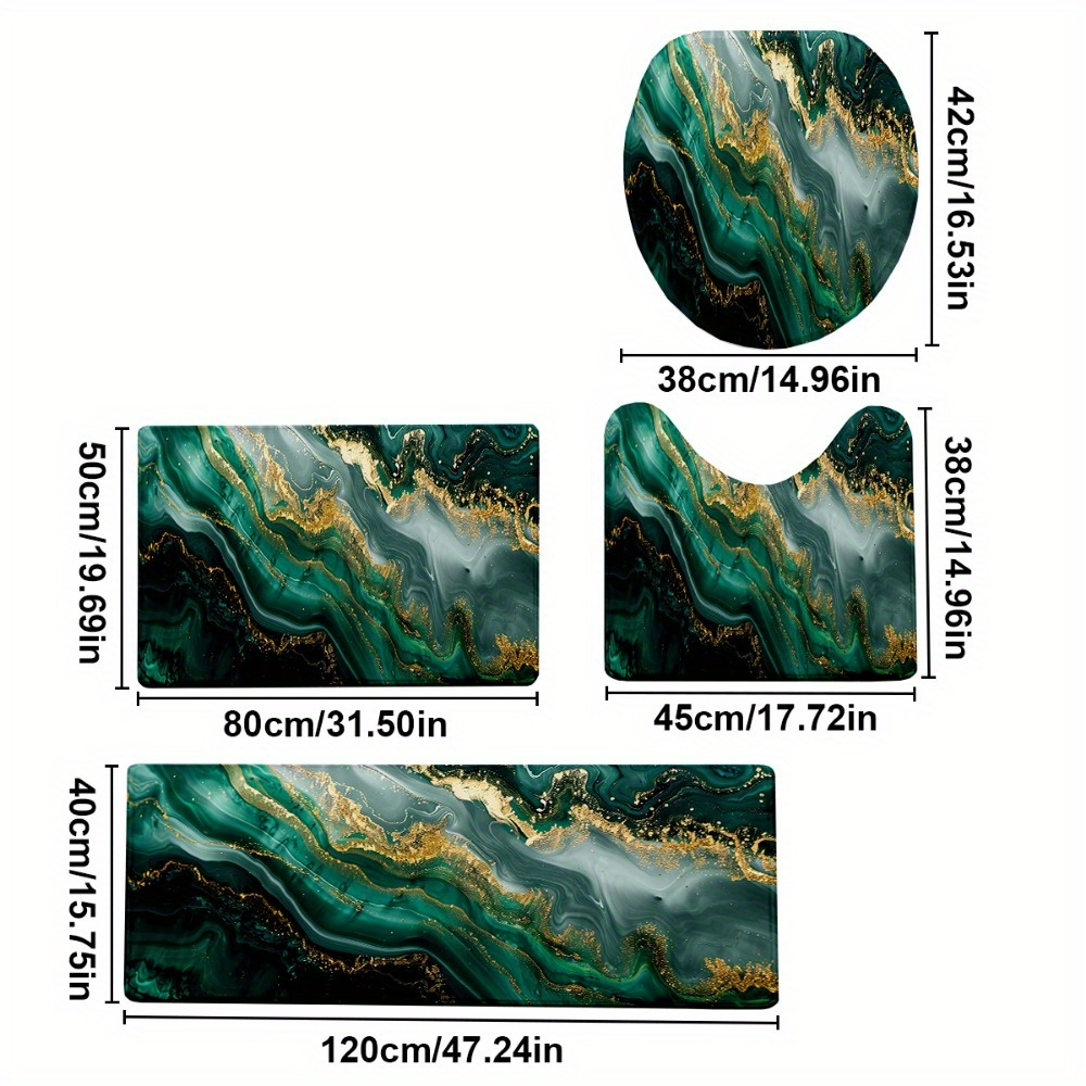 TEMU 4pcs/set Black Green Marble Printed Bathroom Protective Mat Set, Non-slip Bathroom Mat, Flannel Bathroom Mat, Bathroom Floor Mat, Toilet Mat