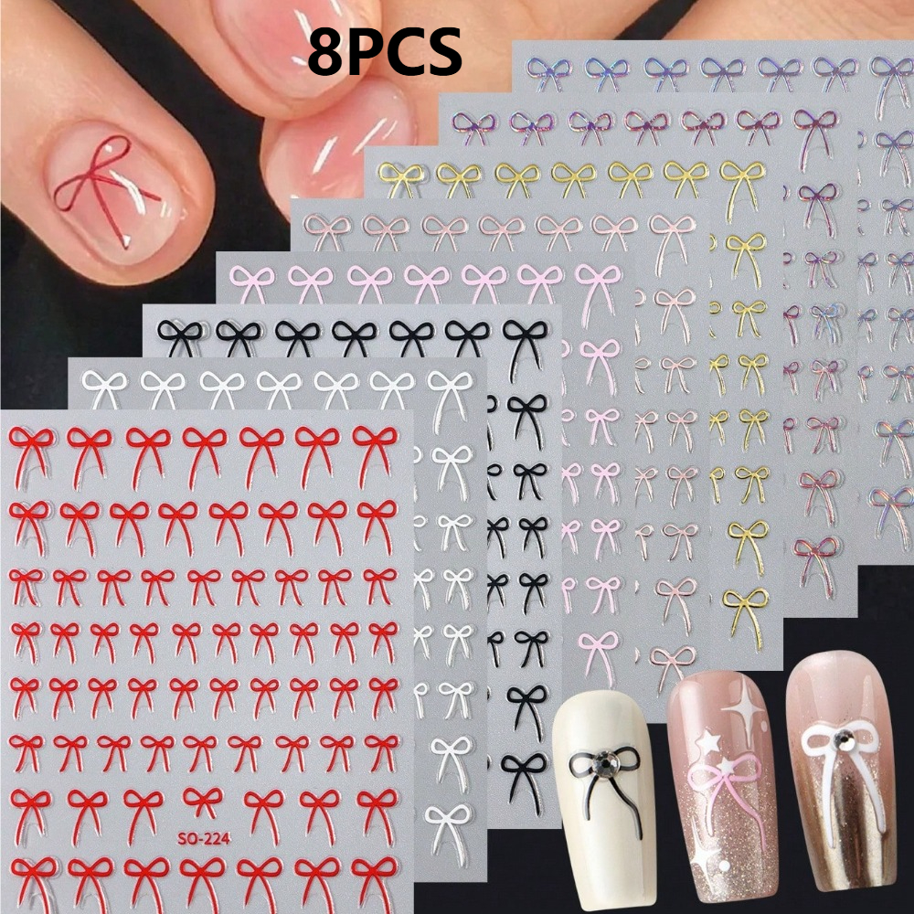 Image of 8pcs Bow Ribbon Nail Stickers, Cute Self-adhesive Nail Decals In Colors, Nail Care Products.