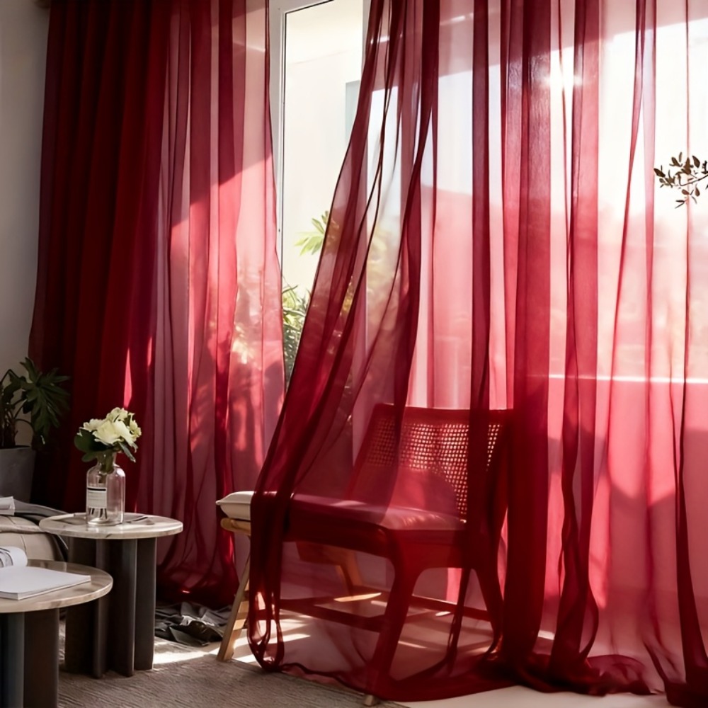 TEMU 2pcs Burgundy Sheer Tulle Curtains, Rod For , Suitable For Living Room, Bedroom, And Wedding, Christmas, Thanksgiving, Valentine's Day