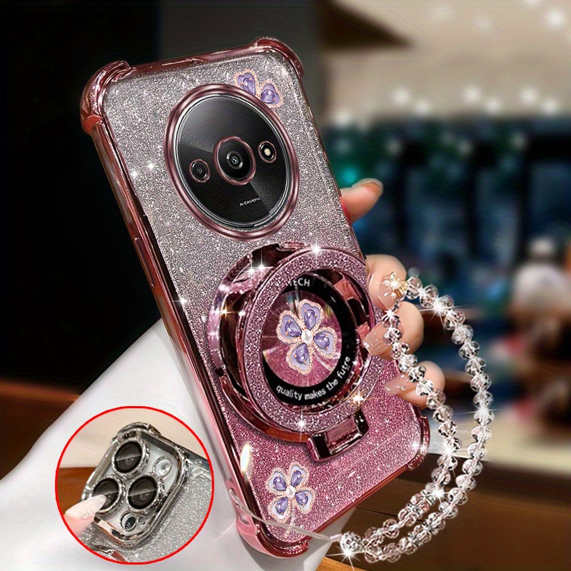 TEMU Phone Case - Glitter Shiny Wrist Strap Magnetic Clover Phone Holder Case For Xiaomi Redmi A3 Redmia3 Anti-knock Shock Proof Back Cover