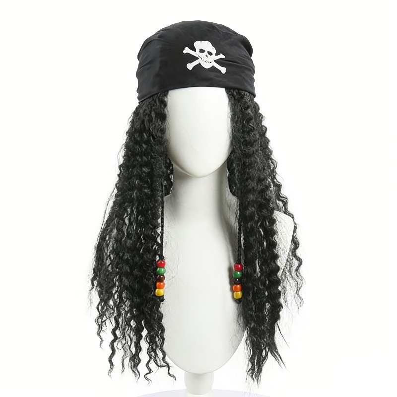1pc pirate theme cosplay wig set   two skull print bandanas in black red   with thick black foam dreadlocks the braid ends are   with red yellow and green beaded accents perfectly      