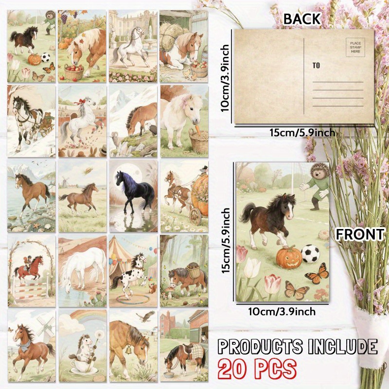 TEMU 20pcs Horse & Pony Postcards, Unique Everyday Gift For Family & , Congratulate, Birthday Thank You, For Of You