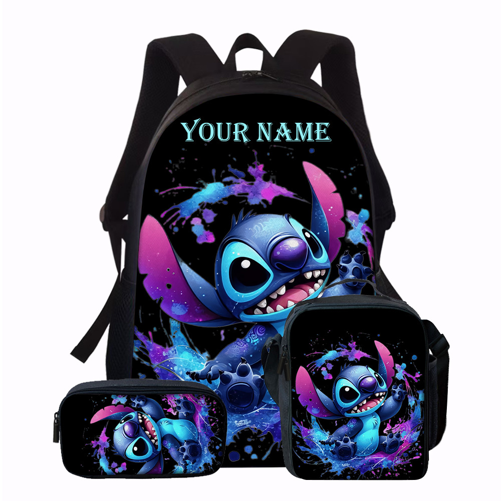 

3pcs Disney Stitch Backpack Set With Custom Name - Vibrant Cartoon Design, Oxford Fabric, Includes Pencil Case & Lunch Box - Ideal For Boys, Girls, And Adults For School And Daily