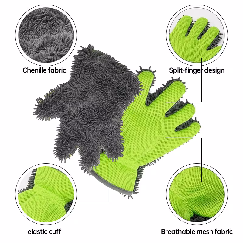 chenille thickened five wash gloves size 27 5 26cm 10 8 10 6in multi scene use dual sided car wiping and dust removal without damaging paint cleaning wheel hubs with mesh and foam green car wash gloves household dusting gloves Product details 5