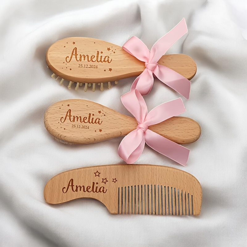 TEMU Personalized Cushion Comb Set, Laser-engraved Wooden Keepsake With Name, Comb Set, Unique Bath, Photography Accessory, Souvenir, Comes With