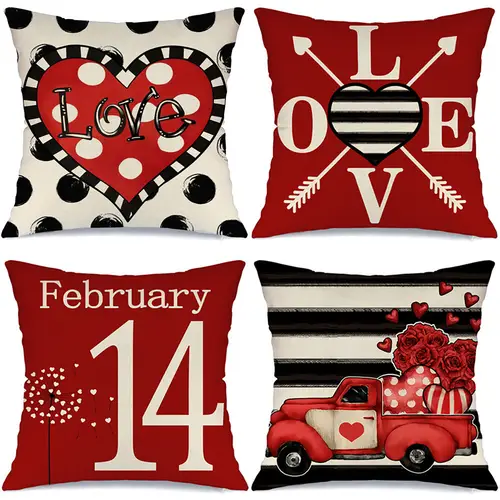 4pcs valentines day throw pillow covers polka dot love heart farmhouse truck and striped designs romantic red white decor for sofa couch or home machine washable polyester sofa accessories contemporary pillow covers zipper closure decorative pillows