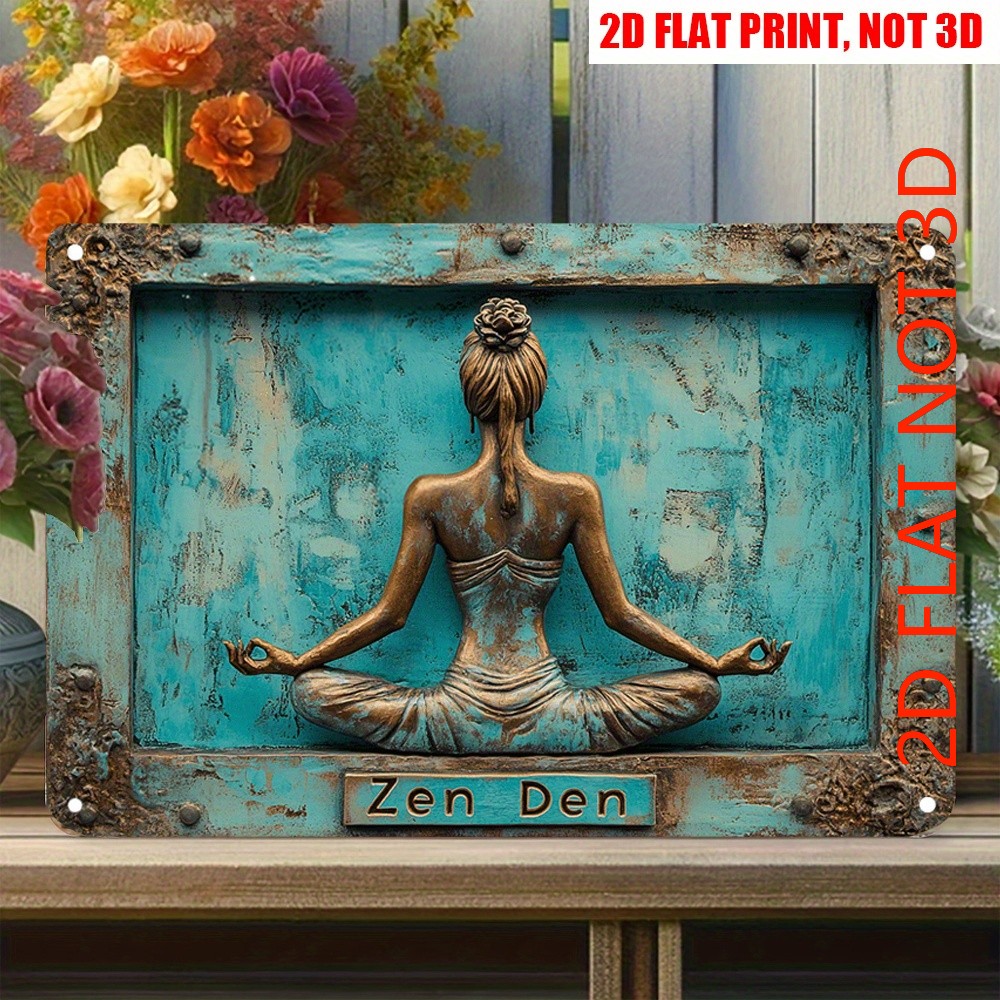 TEMU 2d Flat, [2d Flat] 2d Flat - 1pc Outdoor Metal Signs, Plaque Decorations | Zen Woman Meditating In For Lotus On Turquoise Rustic Background |