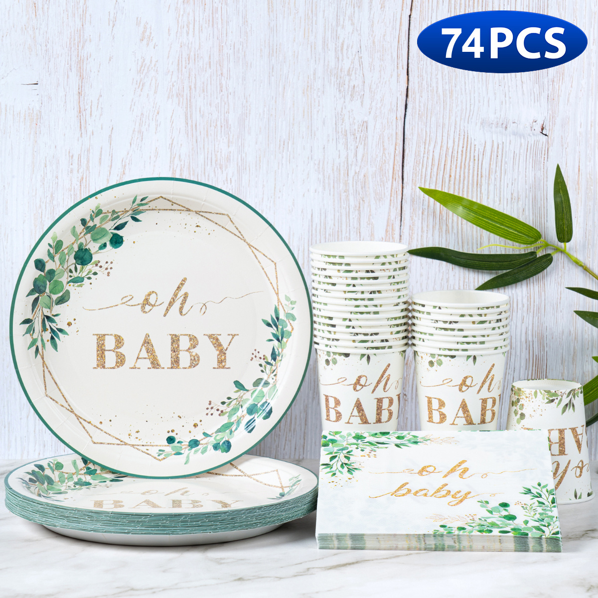 изображение предмета набор одноразовой посуды plant ohbaby, 74 предмета: 25 тарелок по 9 дюймов, 25 стаканов и 24 салфетки. подходит для дней рождения, фестивалей, свадеб, садовых вечеринок, праздников, украшения стола, сезонных торжеств.