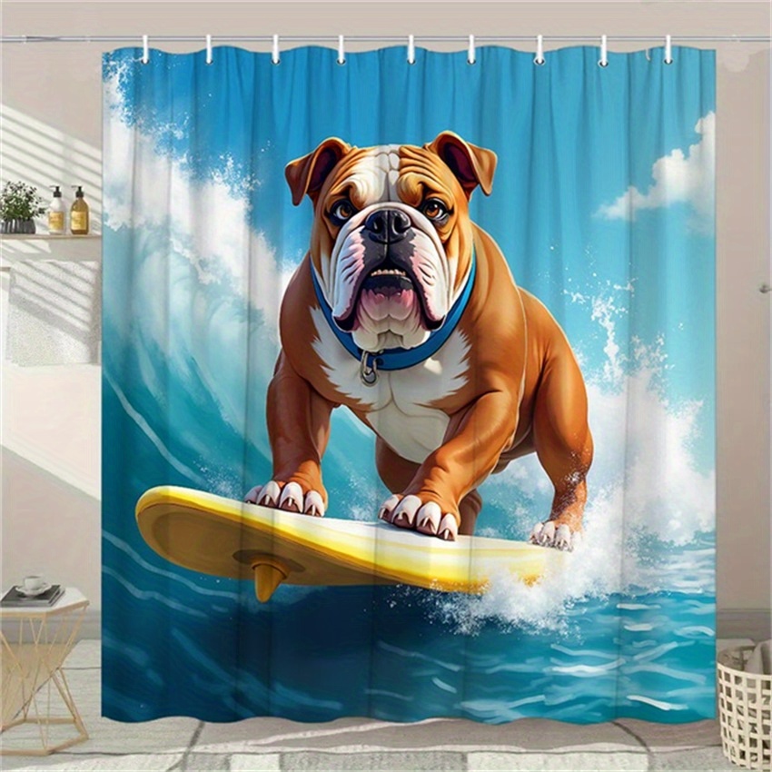 TEMU 1pc Shower Curtain Featuring A Muscular Brown And White English Bulldog Surfing On A Wave With A Yellow And White Surfboard, Set Against A And