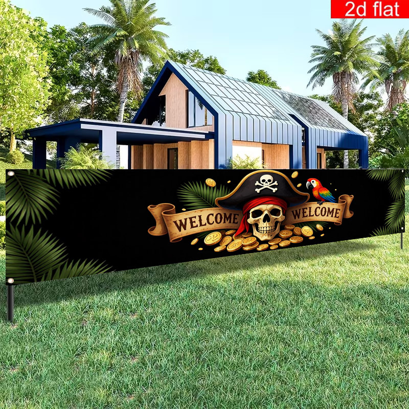 TEMU 2d Flat, 1pc Pirate Themed Banner With Parrot & Treasure - Pirate Hat Decorations Suitable For Birthdays, Weddings, For Home Indoor/outdoor