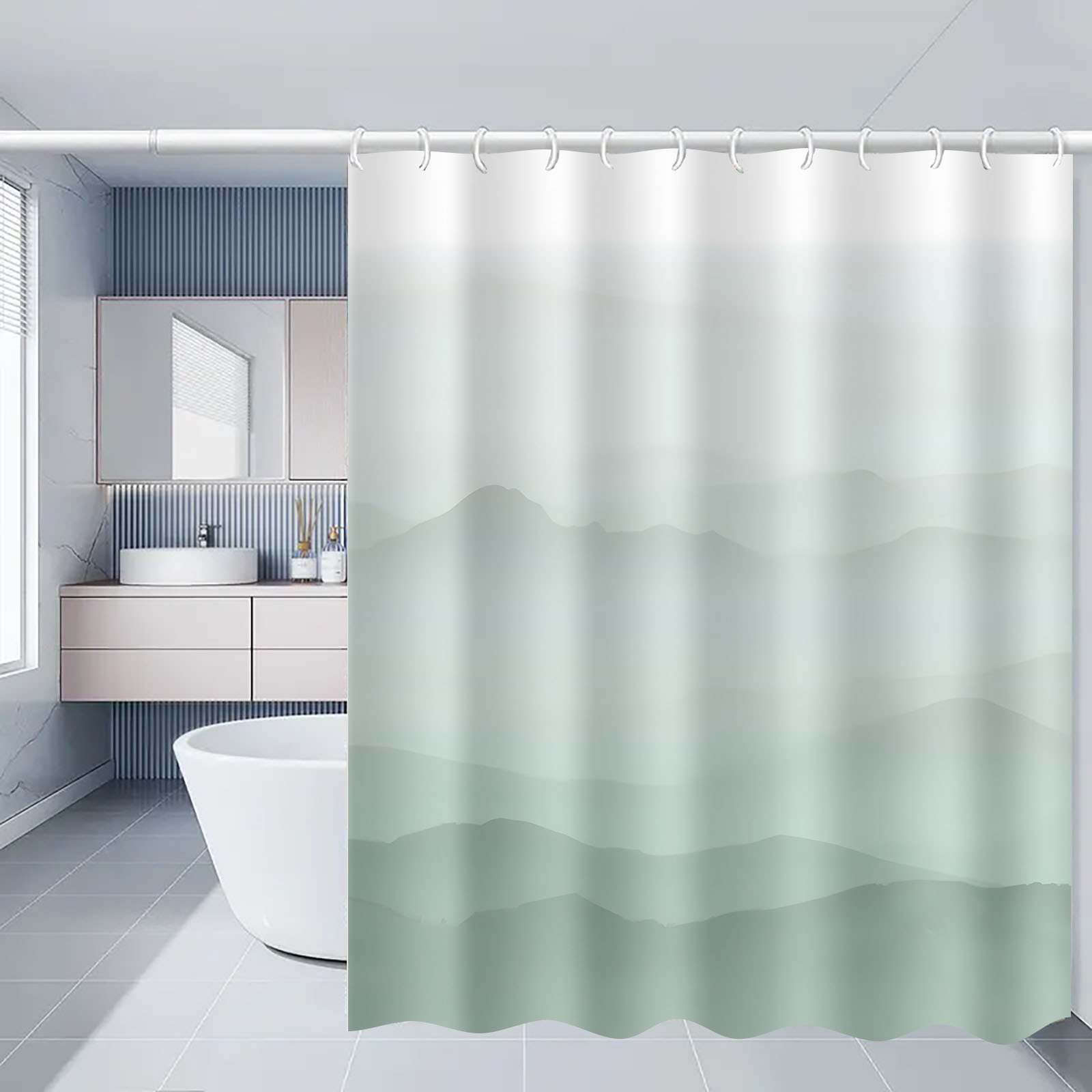 TEMU 1pc, Simple, Green Gradient Pattern Shower Curtain - Elegant Natural Design For Scene Including 12 Hooks, Polyester Fabric For