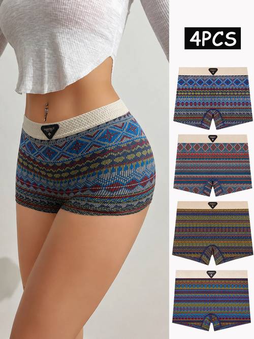 4-Pack Women S Boyshort Panties, Vintage Ethnic Print Underwear, Soft Breathable Stretch Boxer Briefs, Full Coverage Comfortable Everyday Panties