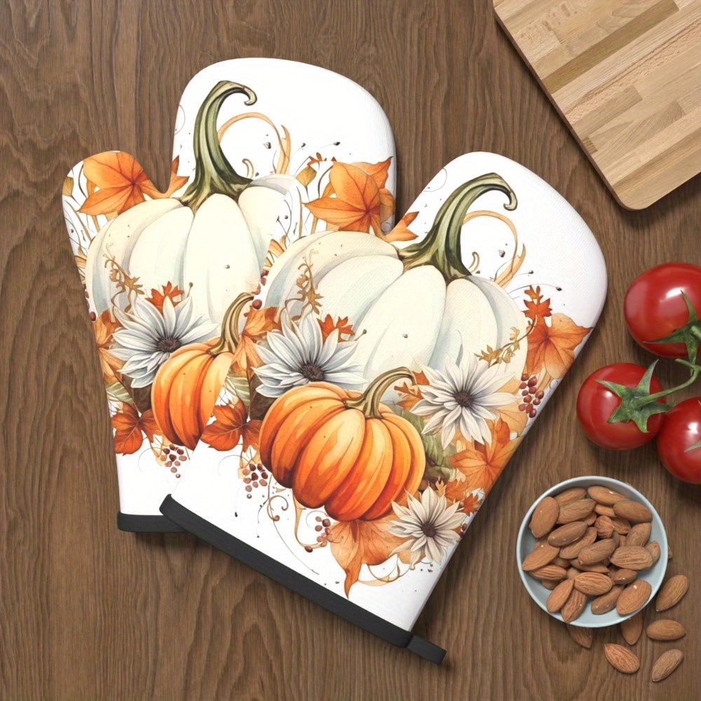 TEMU A Pair Of Oven Mitts, Measuring 10.6 Inches X 6.7 Inches, Featuring An Orange And White Autumn Pumpkin And Leaf Design. Heat-resistant Mitts Are