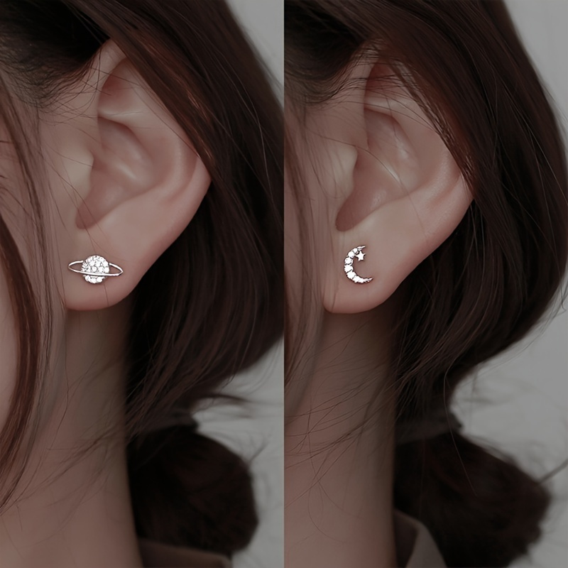 Asymmetrical Planet & Moon Stud Earrings Set - Hypoallergenic Alloy