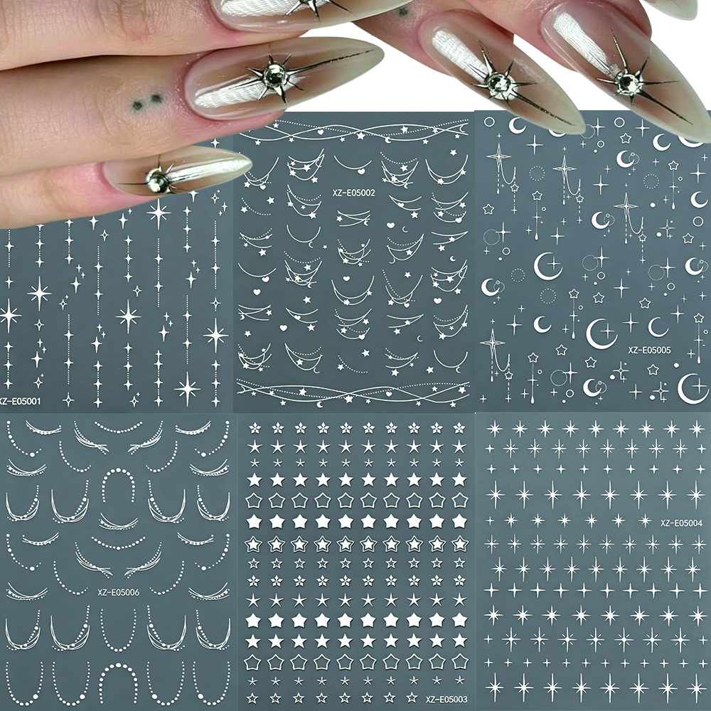 TEMU 6pz Adesivi per Unghie 3D Stampa a Luna Cuore Y2K Luce Stellare Curve Decalcomanie Autoadesive Fai da Te Pentagrammi Sliders per Unghie