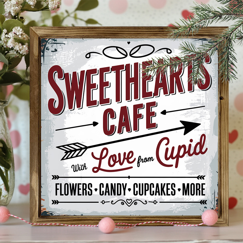 

1pc, Vintage-inspired Wooden Sign ' Cafe With Cupid', Valentine's Day Decor Wall Frame Decor, With Frame Farmhouse Holiday Decor For Living Room, Cafe, Bedroom, Ideal Gift For Valentine's Day 8x8 Inch