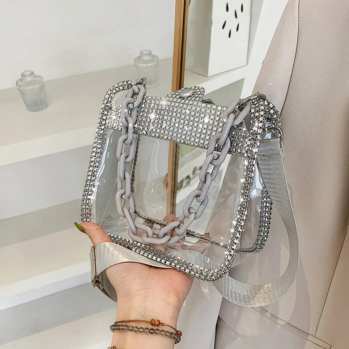 Fashionable Square Shoulder Bag With Decoration, Transparent Stitching Shoulder Bag, Women's Handbag With Acrylic Shoulder Strap And Suitable For Music Festivals