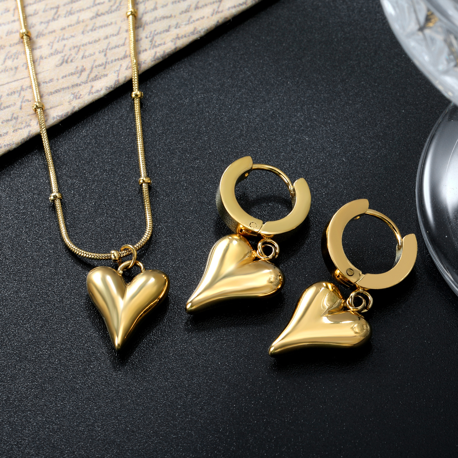 Image of 3pcs Stainless Steel Bead Heart Pendant Necklace And Stud Earrings Jewelry Set For Banquet Wedding Ceremony Party Holiday Mother's Day Gift Daily Wear Additions