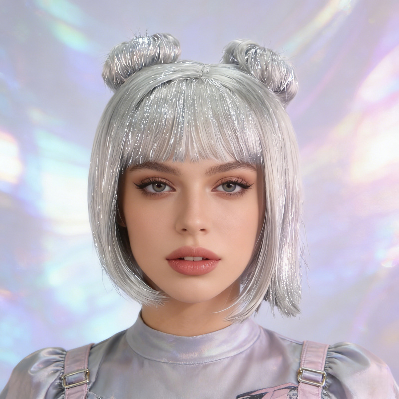 Image of Korean-style Short Bob Wig With Straight Bangs, Adult Women's Fashion Wig, European And American Twin-tail Styling, , Low-maintenance, Suitable For Anime Cosplay, Style, Y2k , Etc.