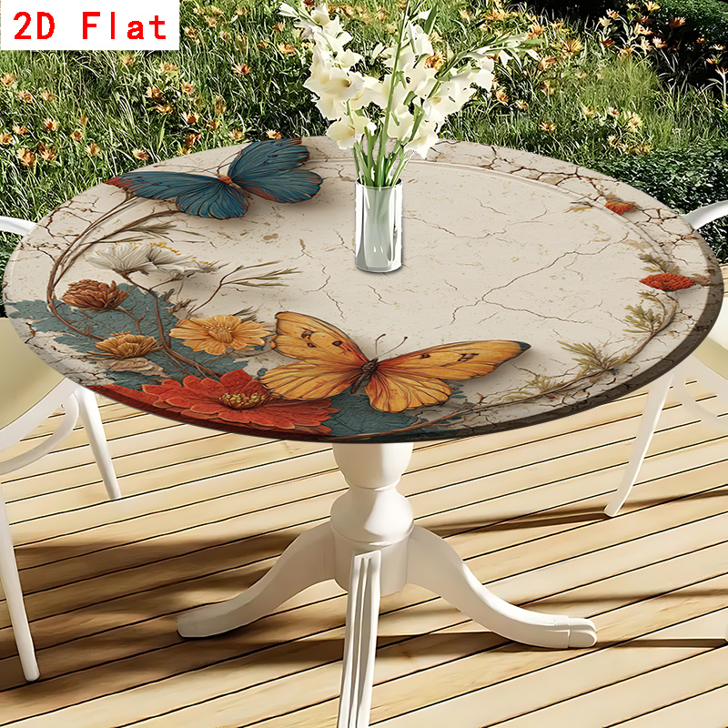 TEMU [1pc] Nappe Ronde Élastique avec Imprimé Floral Papillon, Conçue pour S'adapter Parfaitement aux Tables Ronde. pour la Décoration Intérieure de