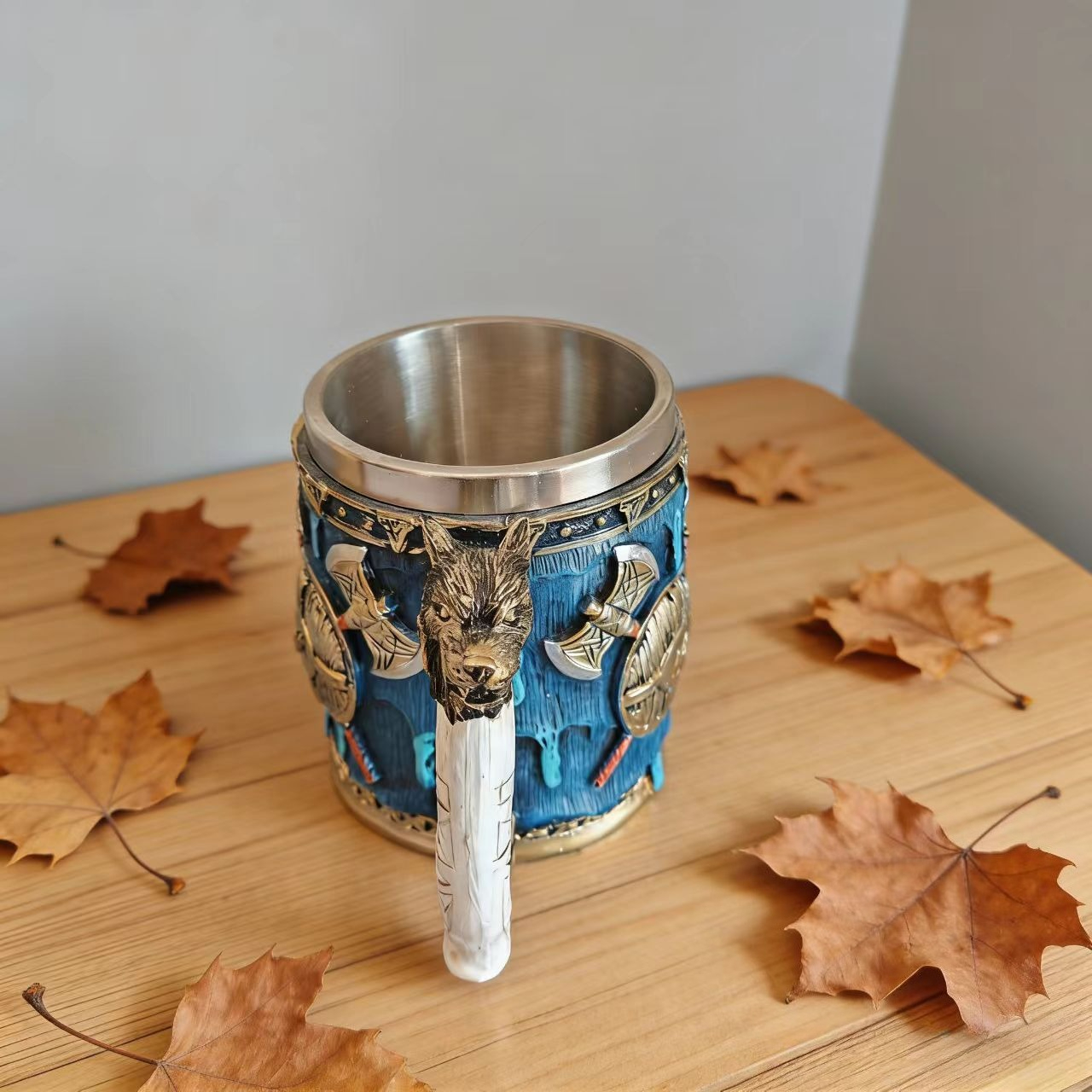 Image of Handmade European Medieval Wolf Head Axe Viking Resin Stainless Steel Personalized Mark Coffee Cup, Nordic Retro Wine Glass, Bar Decoration, Ideal Gift For , New Year's Gift, Hand Wash