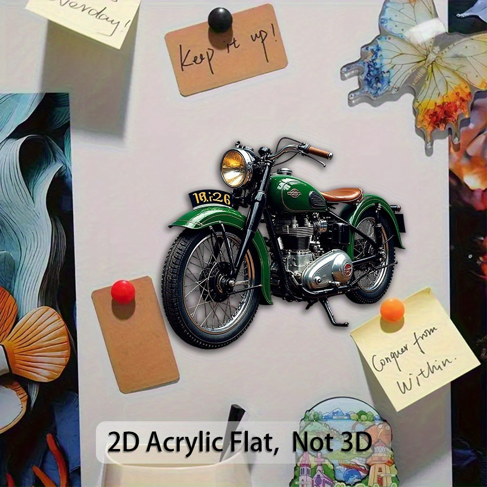 E-shop 2D-Flachfläche, 1 Motorrad-Kühlschrankmagnet, Vintage-Motorradmuster, hochwertiger Acryl-Kühlschrankmagnet. Bild Text: 2D-Acryl flach. Grünes