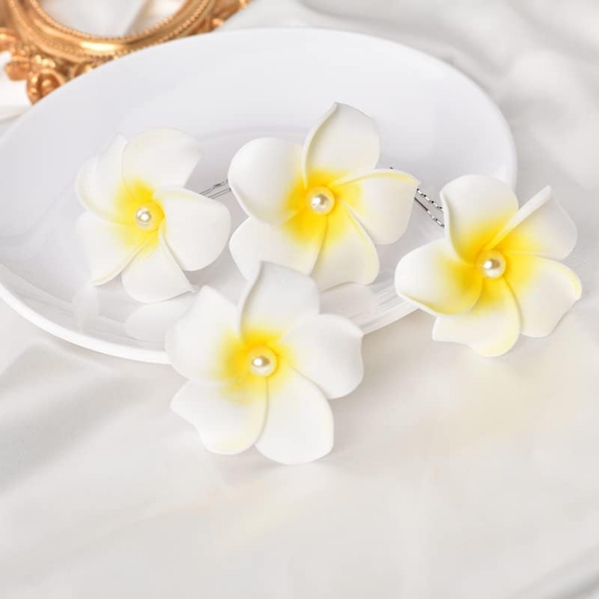 hawaiian flower hair pins plumeria hair barrettes clips for women girls white floral hairpins for summer   accessories for braid wedding bobby pins Product details 1