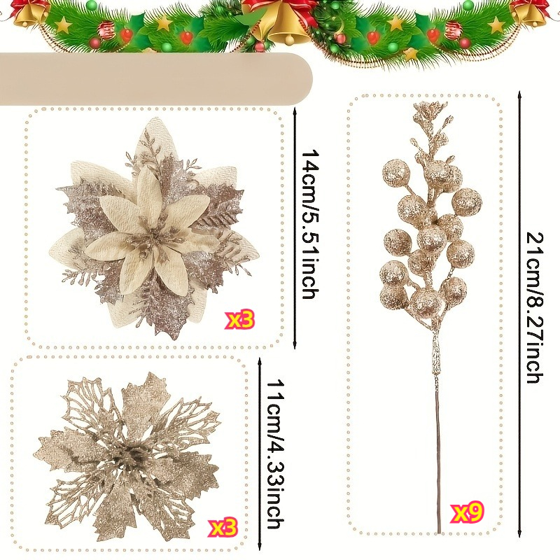 TEMU 15pcs Champagne Christmas Blooming Grass Artificial Flower And Stem Set, Christmas Blooming Grass Decorations And Christmas Tree Ornaments,
