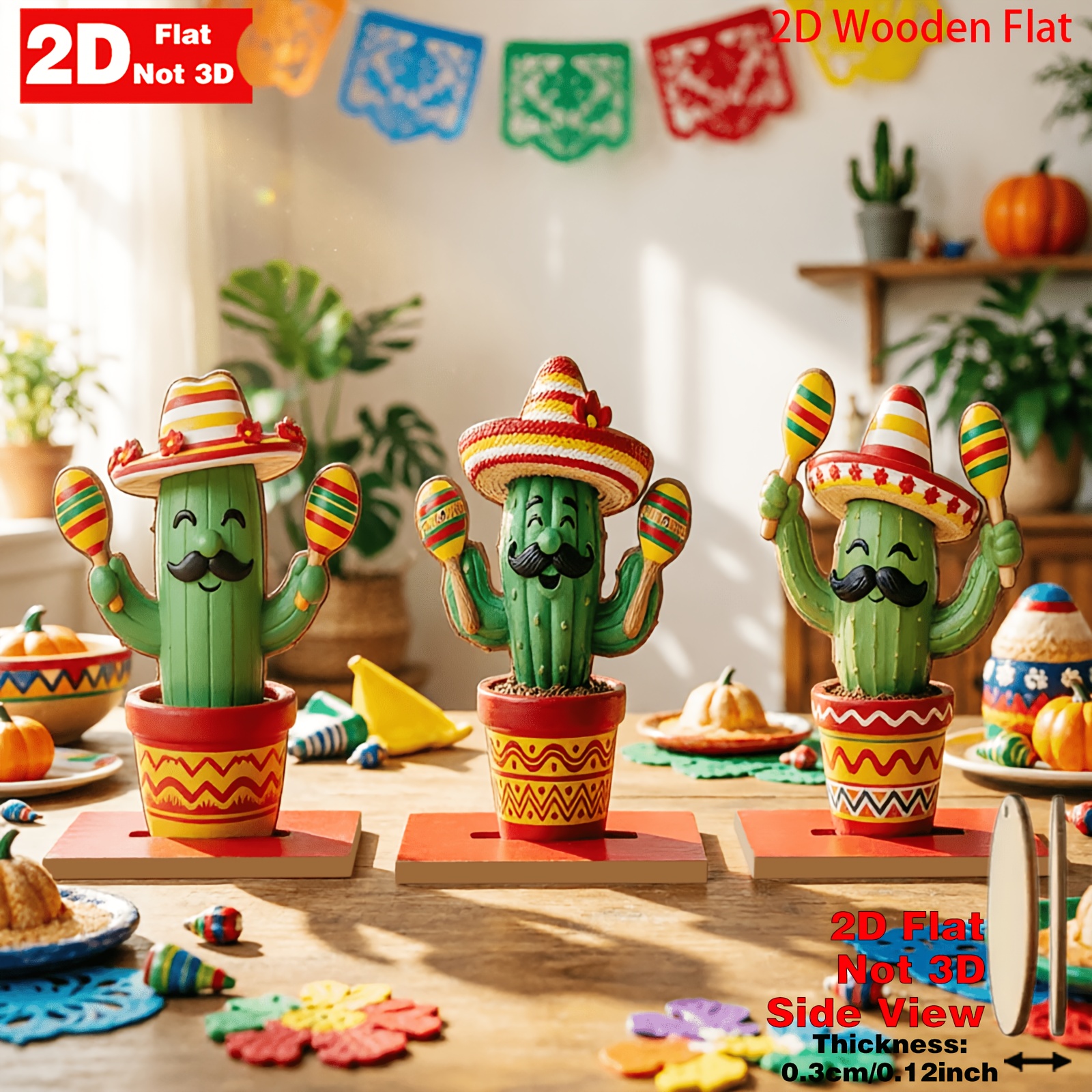 TEMU 2D Plat, 2D Ontwerp, 3-delige Set, Mexicaanse Cactus met Maracas als Bureauornament, Creëert een Schattige en Grappige Cactusvorm met een Hoed