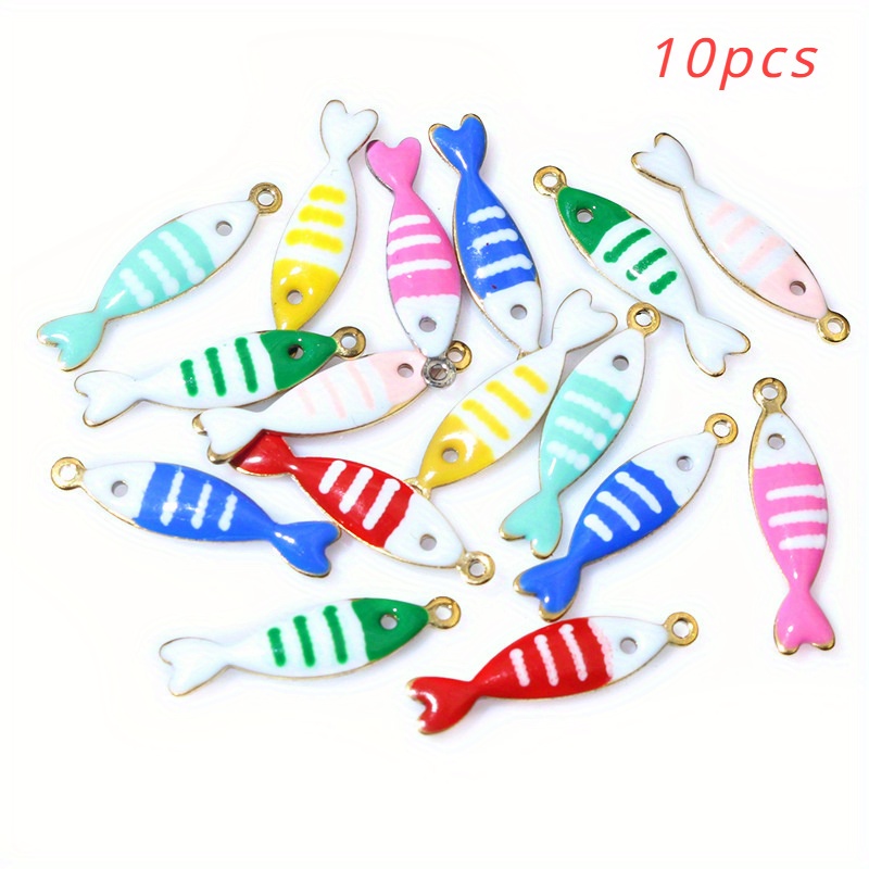 Image of 10pcs Colorful Mixed Stainless Steel Double-sided Enamel Striped Small Fish Pendants, Accessory Materials, 18x5mm. Colors Are Random