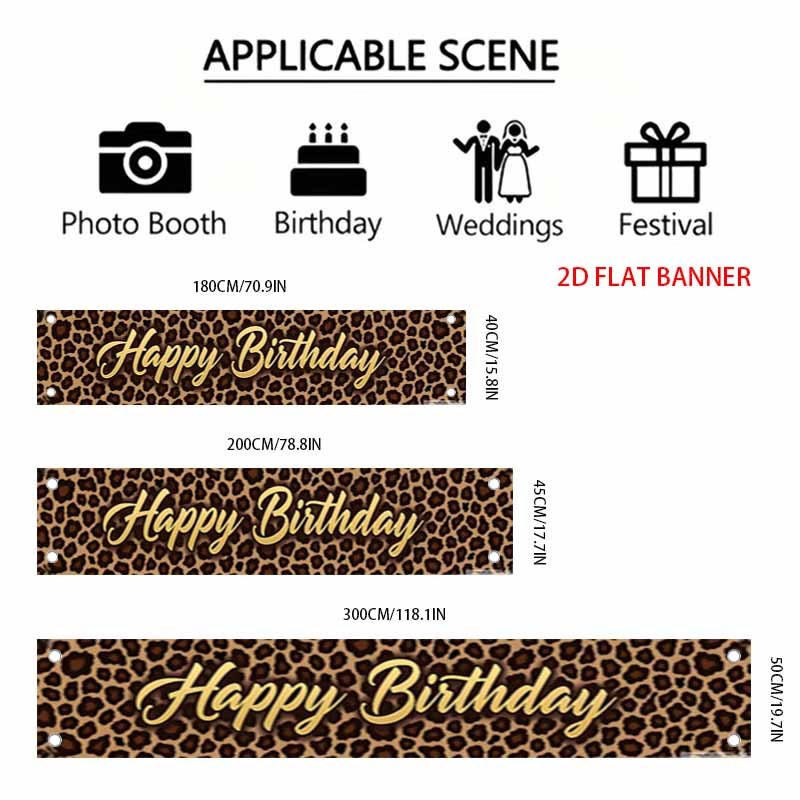 TEMU Single-panel Two-dimensional Flat Banner: Happy Birthday Fence Party Banner Pull Flag, Stylish Leopard Print Themed Birthday Decoration Photo
