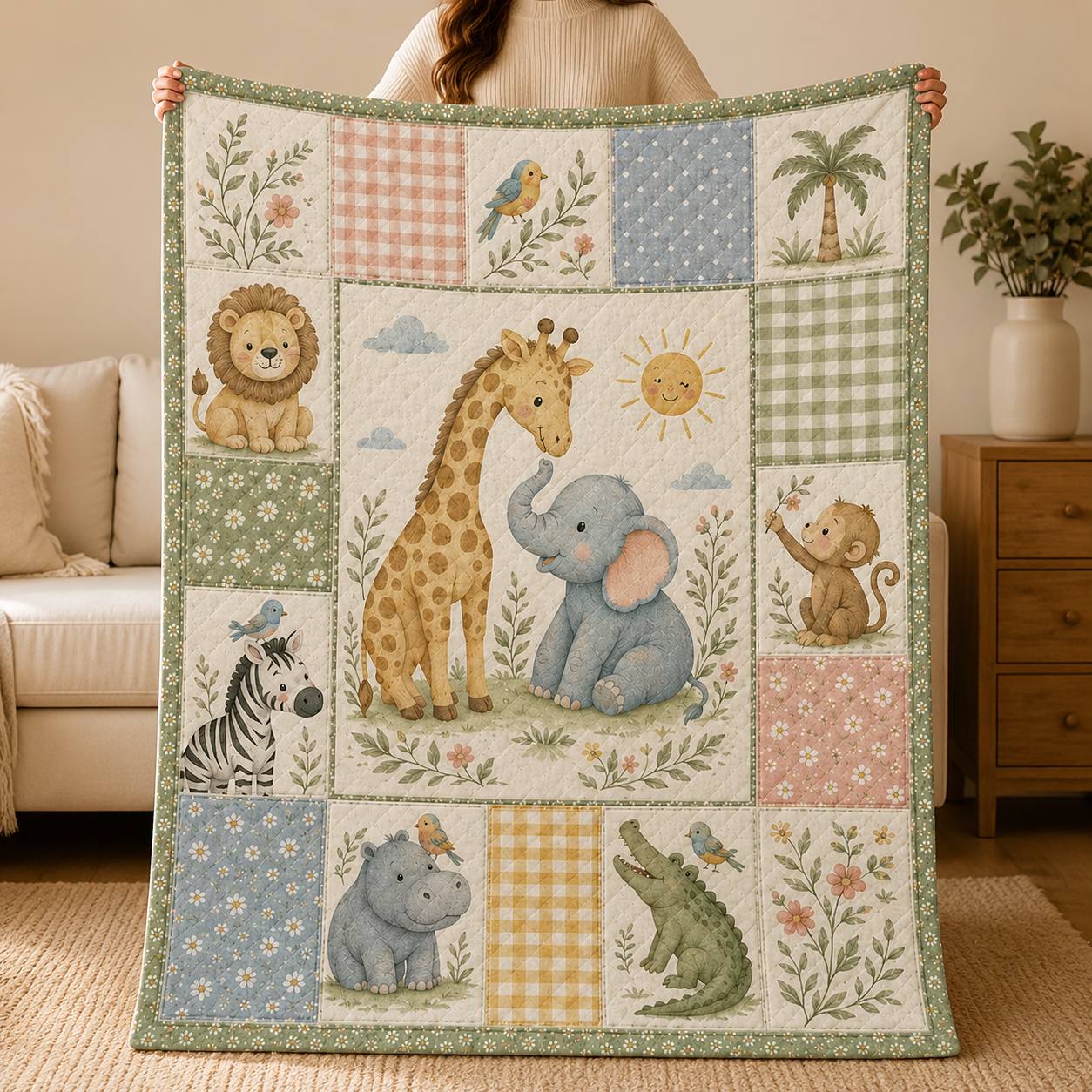 TEMU Animal Style Blanket, Featuring Prints Of Giraffe, Elephant, Lion, Zebra, And Monkey, A Warm Gift, Suitable For . Ideal For Birthday, Christmas,