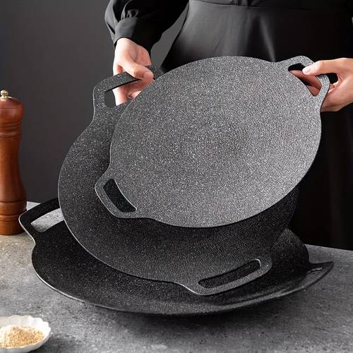 korean grill pan multi functional round frying pan double uniform heat conduction strong heat storage and easy to be used to grill steak belly seafood and vegetables