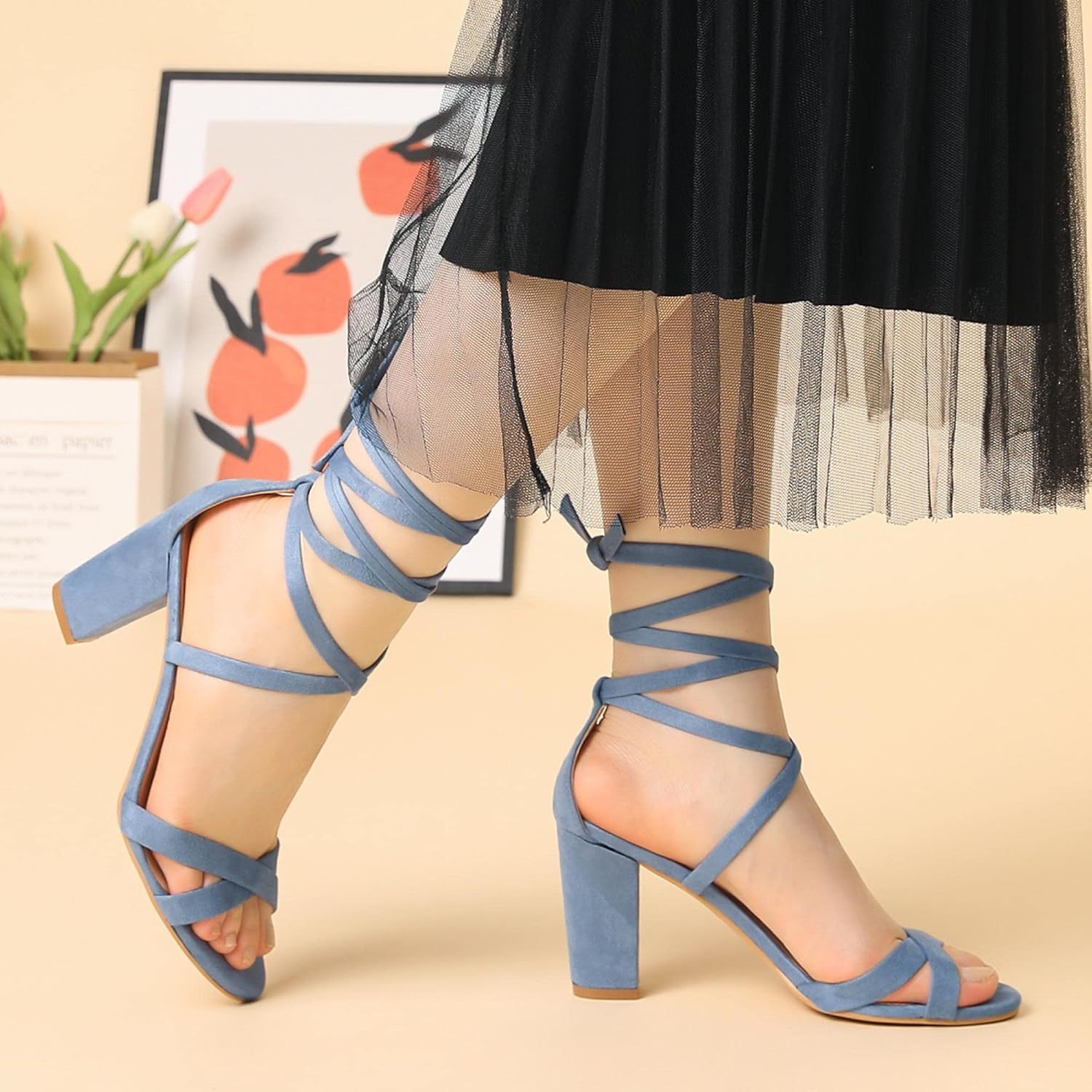 1 pair women's lace-up dress sandals - chunky heel, pointed toe, pu upper &  lining, rubber sole, versatile solid for | High-quality & Affordable | Temu
