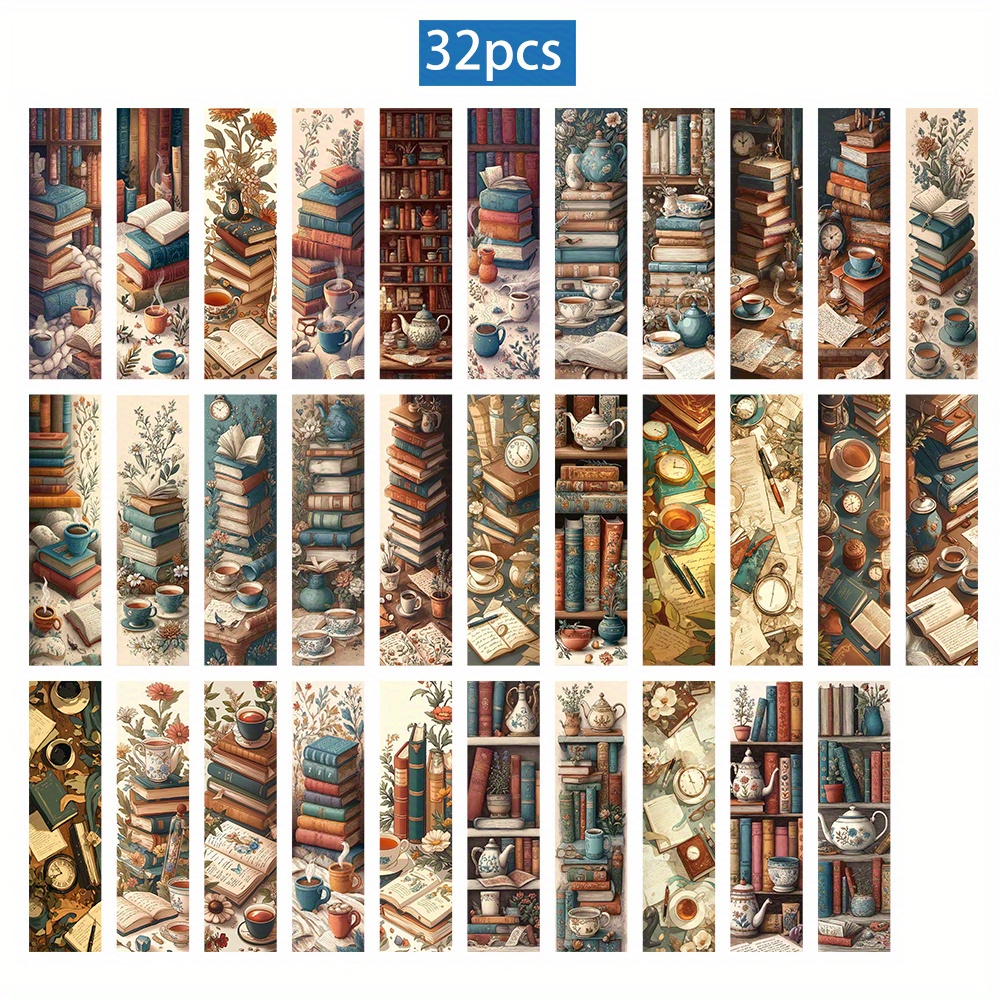 E-shop Ein Set aus 32 Vintage-Lesezeichen im Bücherstil mit einem Retro-Kaffee- und Teekannen-Design, das Ihre Seiten mit einem lebendigen Touch
