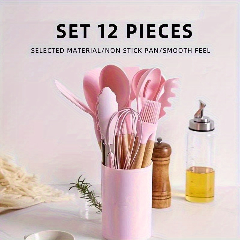 TEMU 12pcs/ Set, Silicone Utensil Set, Kitchen Utensil Set, Safety Cooking Utensils Set, Non- Stick Cooking Utensils Set With Wooden Handle, Washable