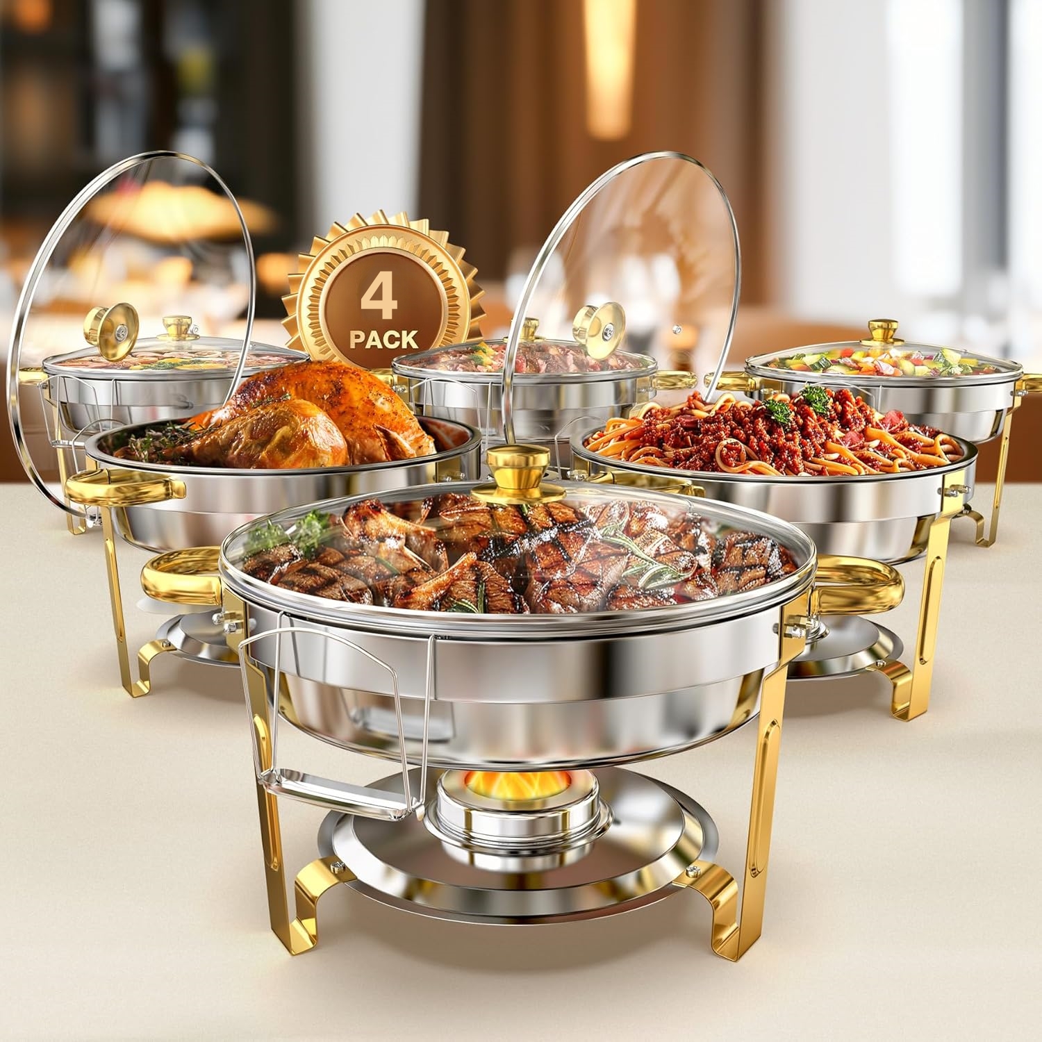 TEMU 1/2/4 Pack 5qt Round Stainless Steel Chafing Dish Buffet Set | Elegant And , Titanium Alloy Plating, 408 Stainless Steel, Suitable For Cooking