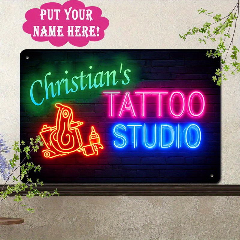 TEMU Enseigne Métallique Personnalisée pour Studio de Tatouage - Nom Personnalisé, Design Luminescent Néon, Style Moderne, Décoration Murale Non