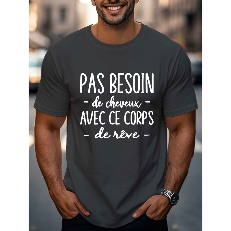 

1pc Men's Casual French Quote T-shirt, Summer Knit Polyester Top With Geometric Pattern, Round Neck, Regular Fit - Funny Slogan Tee For Adults