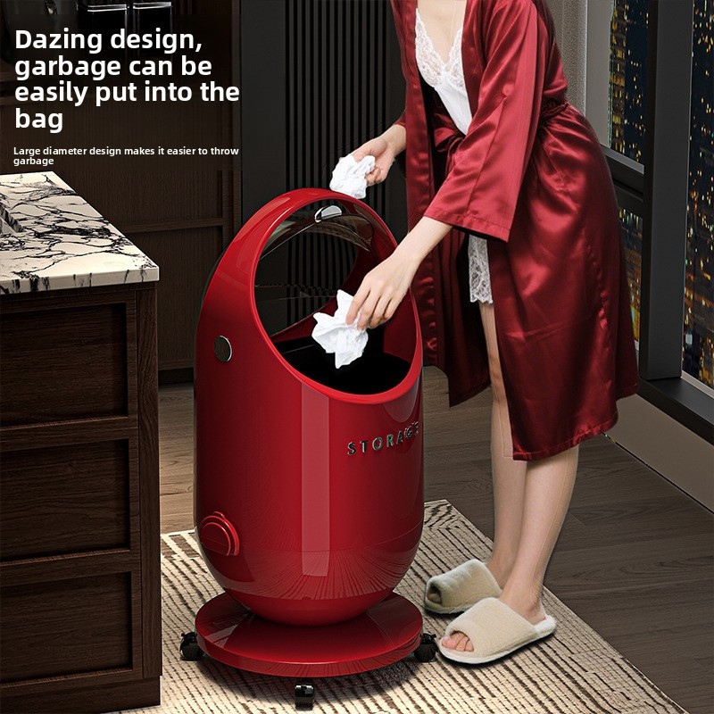 Modern Cylindrical Automatic Odor-Control Trash Can with Central Locking Lid & Wheel System - Heavy-Duty Plastic Mobile Bin with Ergonomic Handle, Space-Saving Design for Kitchen, Office, Living Room - Modern Red/Black/White/Gray/Black with Golden Lid - Durable & Hygienic Waste Disposal, Sleek Cylindrical Shape with Smooth Wheels for Easy Mobility, Odor-Reducing & Hygienic Storage Solution, Garbage Cans for Kitchen, Diaper Trash Can, Trash Can On Wheels,