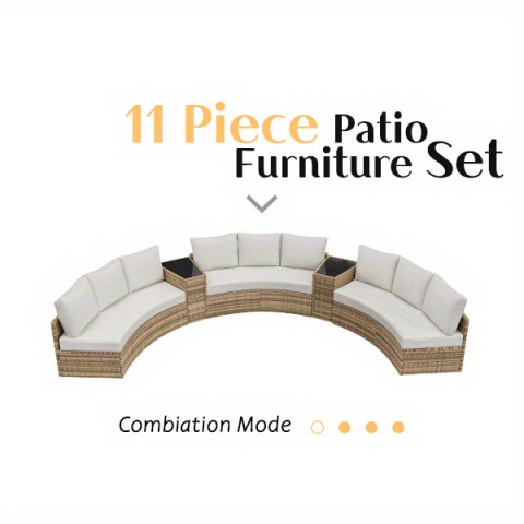 Patio Furniture Set 3-Seater/9-Seater Half Moon Sectional Outdoor Sofa with Cushions And Wedge Table for Patio Pool Balcony