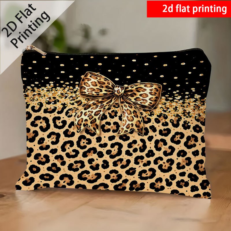 TEMU Sac de lavage plat 2D, 1pc Sac de lavage à nœud imprimé léopard tendance, Motif à nœud à dorés , Sac de lavage à fermeture éclair, Organisateur