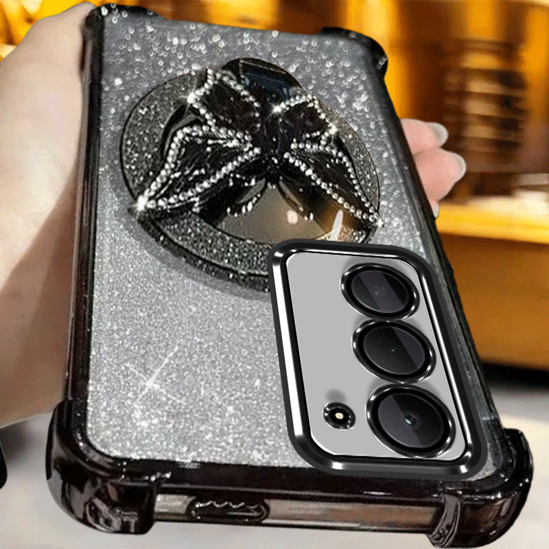 TEMU Funda para Teléfono: Funda de Lujo Electroplateada con Brillo para Redmi 15 5G, Soporte para Espejo de Maquillaje con Mariposa, Cubierta Trasera