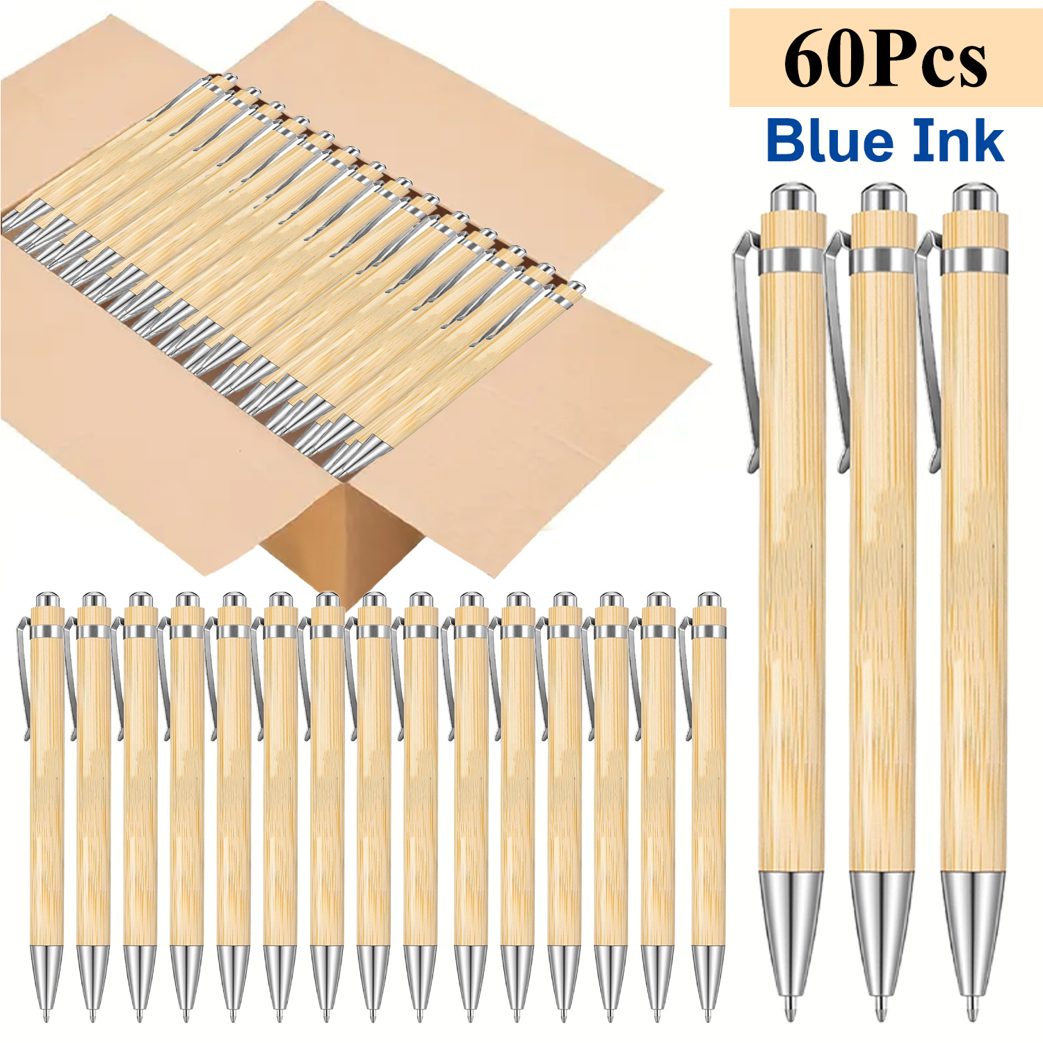 Image of 60pcs Blue Ink Bamboo Ballpoint Pens, With Smooth Writing Finish, Perfect For Office, School, And Gift Use. Christmas Gifts.
