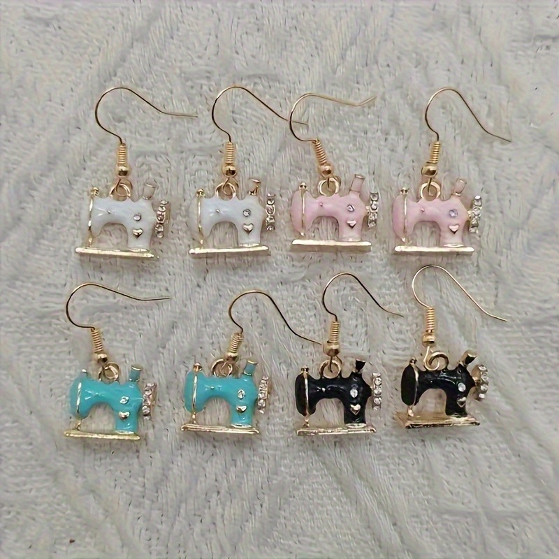 TEMU 4 Pairs Elegant Alloy Sewing Machine Dangle Earrings With Sparkling Synthetic Zirconia Accents, Trendy Vintage- Set In 4 Stylish Colors,
