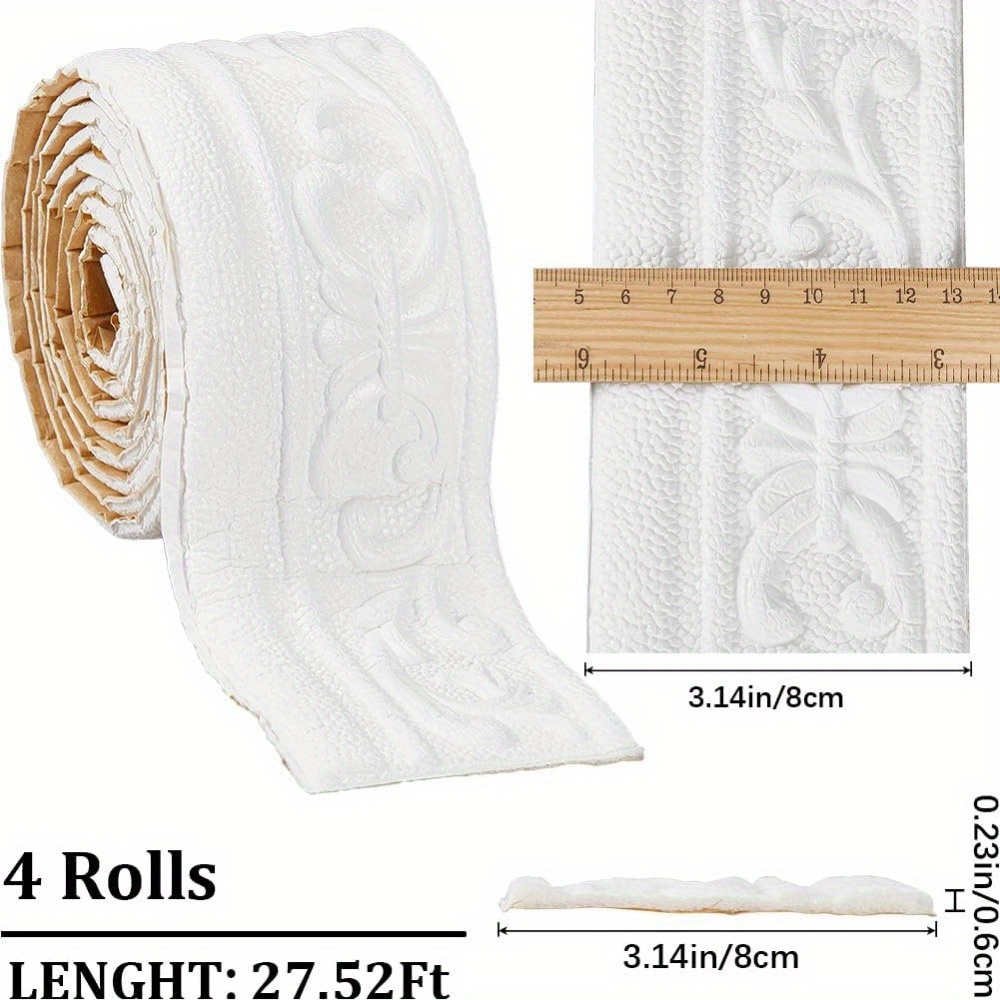 Image of 4pcs Peel And Stick Crown Decorative Roll, Flexible Self-adhesive Foam Decor, 3d Wallpaper Border, White Vintage Decorative Wall Edge, 330" X 3.1" With Box, For, Home, Hotel