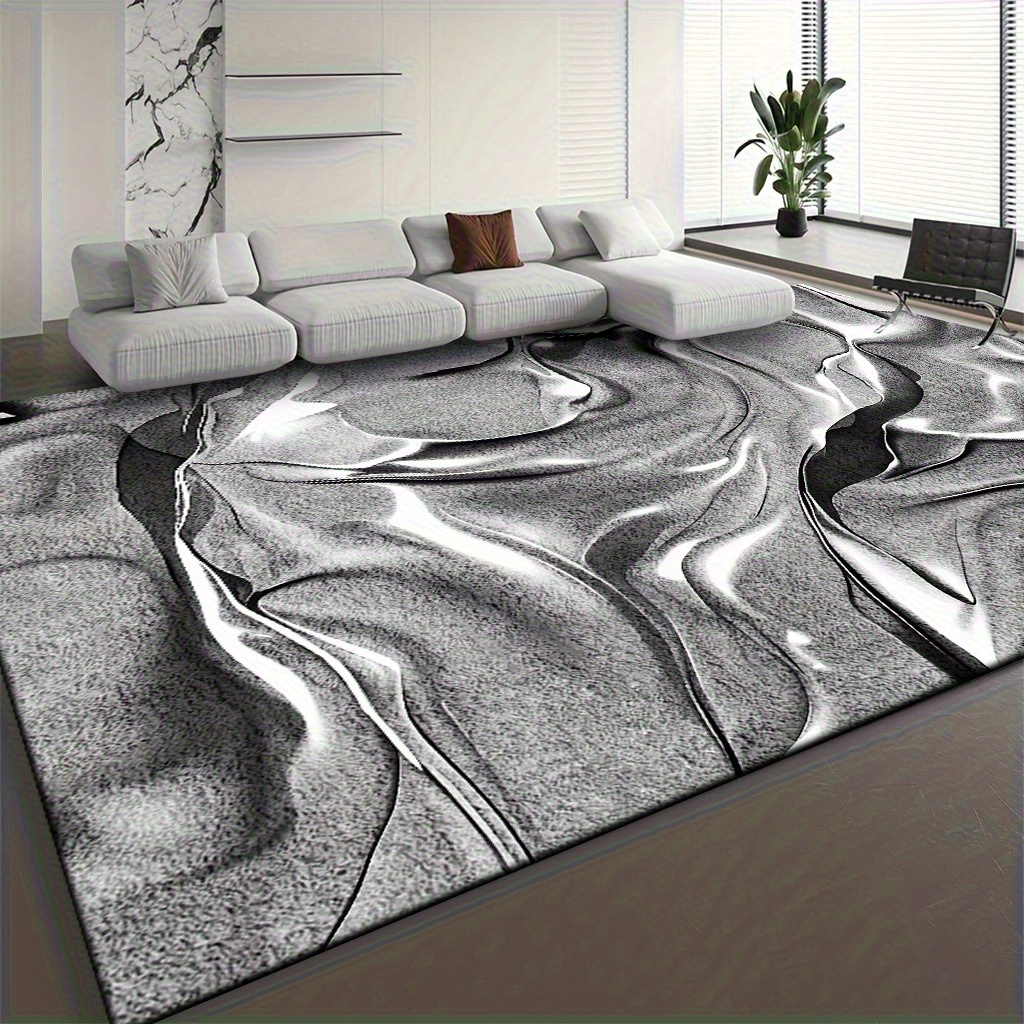 TEMU And Thick Area Rug Features A Modern Minimalist Abstract Fluid Pattern In Silver, Gray, And Black. Machine Washable, Non-slip, Soft And